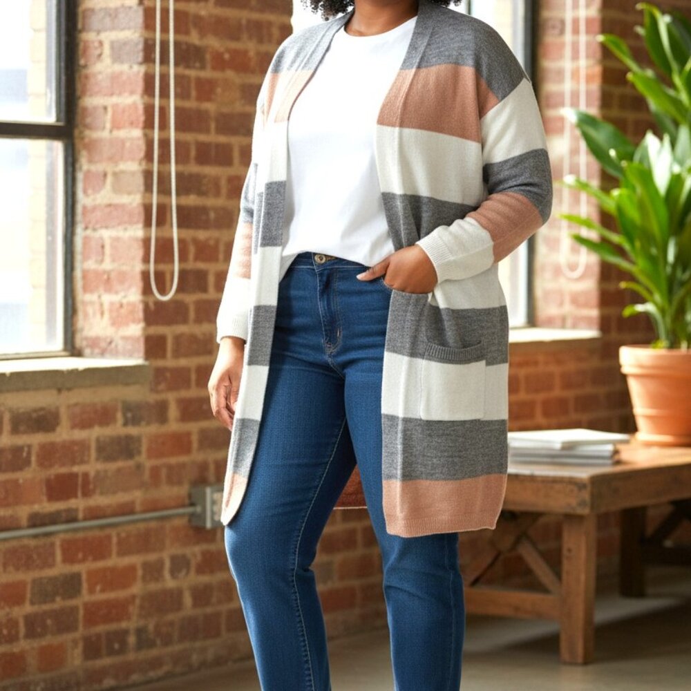 (A-22)Shein Women’s Open Front Cardigan Sweater‎ M Colorblock Gray Pink White